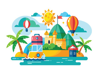 Obraz premium Tropical island vacation scene with castle and hot air balloons isolated on white background 