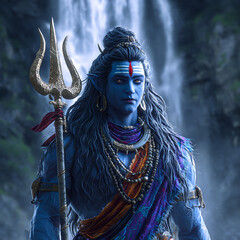 Digital Illustration Of Blue Deity Holding Trident In Waterfall Landscape