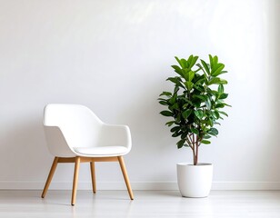 White chair and green plant in minimal corner with soft natural light