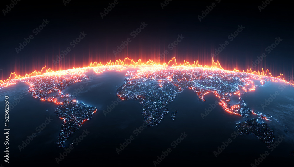 Poster digital world map displaying global connections with orange lines and blue dots on dark background i