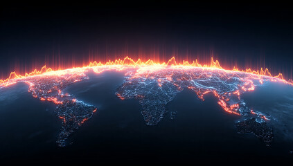 Digital World Map Displaying Global Connections with Orange Lines and Blue Dots on Dark Background Implying Worldwide Network And Data Transfer