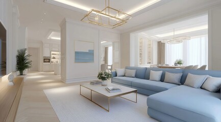 Fototapeta premium Modern Living Room with Blue Sectional Sofa and Minimalist Decor