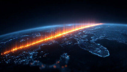 Dramatic Digital Earth Rendering with a Bright Orange Line Emphasizing Connectivity in Deep Space with Blue Highlights Against a Dark Night Background