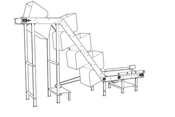 Technical Wireframe Illustration: Vertical Bucket Conveyor Belt for Bulk Material Lifting Transport in Industrial Manufacturing, Food Processing, or Agricultural Production Facilities and Automation