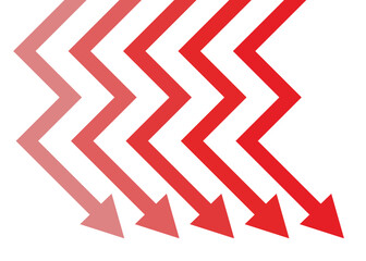 5 red arrows falling down representing business decline, trading loss, bad competition, and economic recession