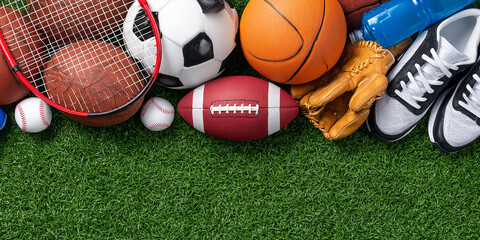 Diverse Sports Equipment Including Balls Glove and Shoes Arranged Neatly on Vibrant Green Artificial Turf in Overhead Close Up Shot
