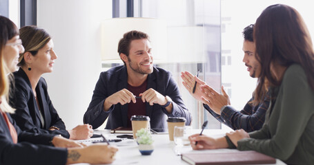 Plakat Man, group and meeting with planning in office with agenda, happy and strategy for risk management. People, discussion and smile for problem solving, review or team with feedback at insurance company