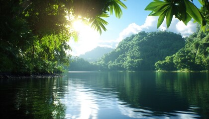 Lush green landscape with still waters reflecting trees and sunlight