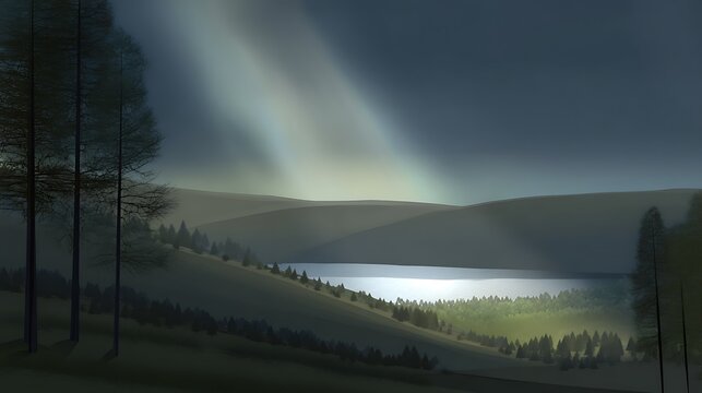 Tranquil lake landscape with ethereal light