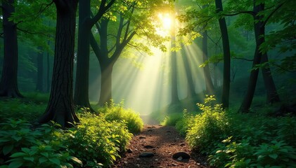 Obraz premium Sunlight streams through the dense canopy of a lush forest, illuminating the path ahead The air is still and the atmosphere is serene, inviting exploration deeper into the woods , roots, habitat