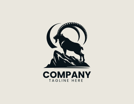 Majestic Ibex Silhouette Impressive Curved Horns Confidently Atop Rugged Rock Vector Logo Design