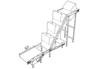 Technical Wireframe Illustration: Vertical Bucket Conveyor Belt for Bulk Material Lifting Transport in Industrial Manufacturing, Food Processing, or Agricultural Production Facilities and Automation