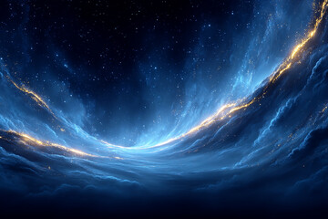 Dreamy Nebula with Flowing Light Trails in Blue and Gold Colors on Dark Background