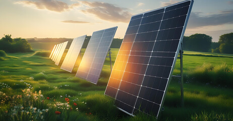 Solar Panel Field at Sunset – Clean Renewable Energy in Nature Generative AI