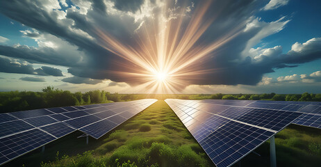 Solar Panel Field on a Sunny Day – Clean Renewable Energy Landscape Generative AI