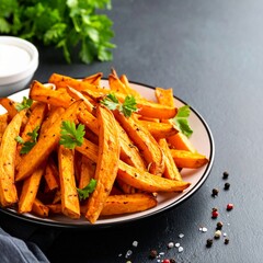 Crispy plate of sweet potato fries served with a garnish of fresh herbs and spices