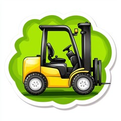 Illustration of a bright yellow and black forklift with detailed tires, seat, and steering wheel, set against a green cloud background and surrounded
