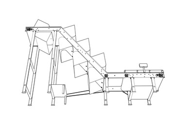 Technical Wireframe Illustration: Vertical Bucket Conveyor Belt for Bulk Material Lifting Transport in Industrial Manufacturing, Food Processing, or Agricultural Production Facilities and Automation
