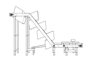 Technical Wireframe Illustration: Vertical Bucket Conveyor Belt for Bulk Material Lifting Transport in Industrial Manufacturing, Food Processing, or Agricultural Production Facilities and Automation