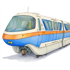 Watercolor illustration of a streamlined train, predominantly blue and orange, on a white background. The train is depicted in a three quarter view