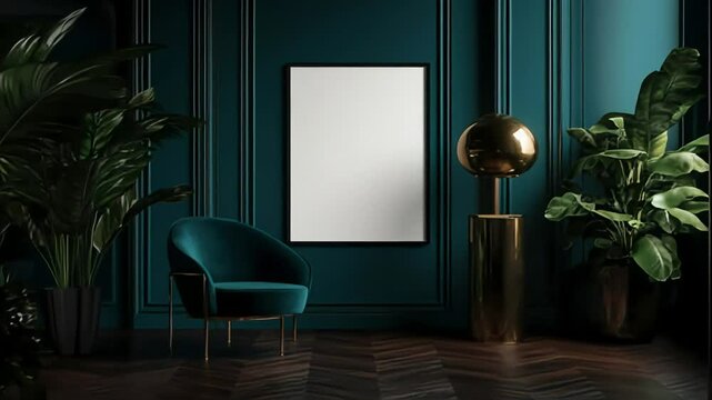 Dark teal room with velvet chair, plants, and blank canvas