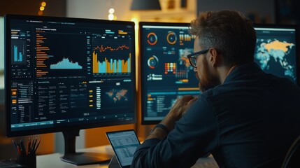 Data analyst reviewing analytics dashboard modern office digital insights technology environment focused perspective