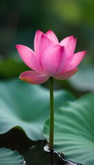 Obraz premium A serene pink lotus blossom emerges from tranquil water, its petals delicately unfurling in the soft sunlight Perfect for spa, serenity, and nature themes , pond, water