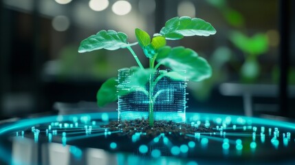 Innovative plant growth technology indoor laboratory digital hologram science & nature close-up sustainability concept