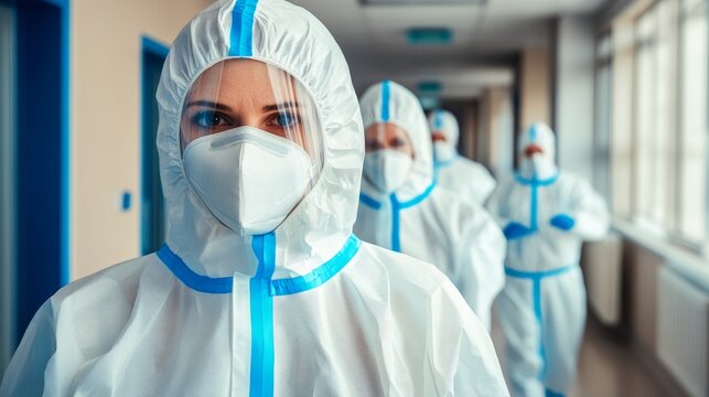 Healthcare workers in protective gear walking through hospital covid-19 response medical environment serious viewpoint pandemic preparedness - Powered by Adobe