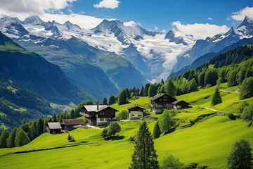 The Swiss Alps with lush green grass and houses