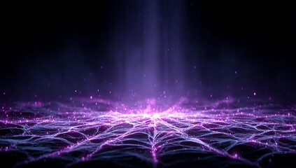Ethereal Purple Light Beams Illuminate Digital Grid Surface with Glowing Particles Against a Dark Background in a Futuristic Design