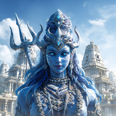 Ethereal Blue Skinned Divinity Portrait Against an Ornate White Temple Backdrop with Intricate Jewelry and Trident Featuring Spiritual Ambiance