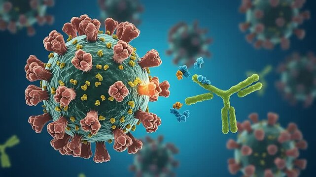 Detailed illustration of a virus interacting with antibodies in a microscopic view, showcasing immune response