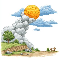 Whimsical illustration of a large orange sun partially obscured by grey clouds, above a rural landscape with a small tree, grassy hill, and dirt