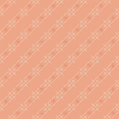 diagonal lines from hand drawn stripes and crosses. peach color repetitive background. vector seamless pattern. folk decorative art. geometric fabric swatch. wrapping paper. textile design template