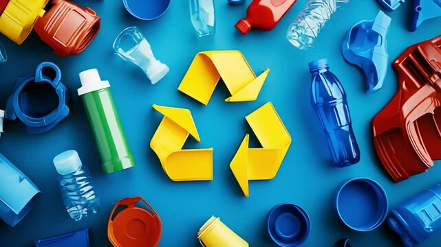 Colorful plastic items arranged around a recycling symbol on a blue background, highlighting the importance of waste reduction and reuse.