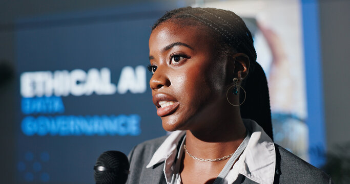 Forum, presentation and speech with business black woman in auditorium for ethical AI conference. Microphone, podium and stage with African speaker in convention center for privacy of information