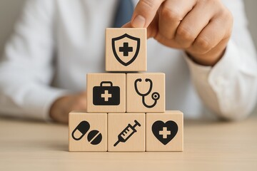 A person's hand arranging wooden blocks with medical icons; health insurance concept