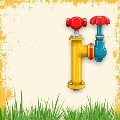 Fototapeta premium A whimsical illustration of a stylized water valve in yellow, blue, and red against a textured beige background with green grass at the bottom