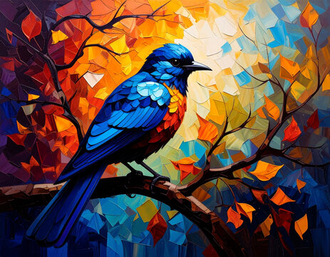 A unique digital oil painting depicting a vibrant blue bird perched on a dark branch. This piece employs a striking mosaic-like palette knife application technique.