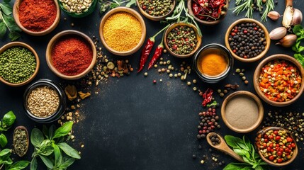 Vibrant spice arrangement culinary kitchen food photography colorful ingredients overhead view flavor exploration