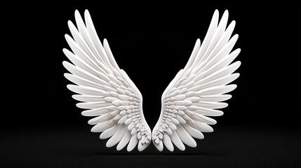 Fototapeta premium Pair of white, geometric angel wings on a black background. Detailed, textured feathers create a three dimensional effect
