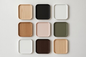 Fototapeta premium Nine square trays in various colors and materials, including wood and painted finishes; concept for branding, interior design, and product presentation