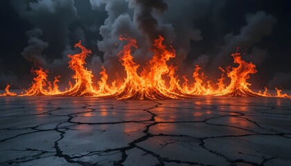 Fototapeta premium Fiery Landscape with Cracked Ground and Dark Smoke Background