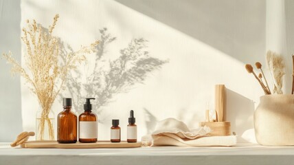 Sustainable autumn skincare setup in warm cozy atmosphere with natural cosmetics and dried flowers