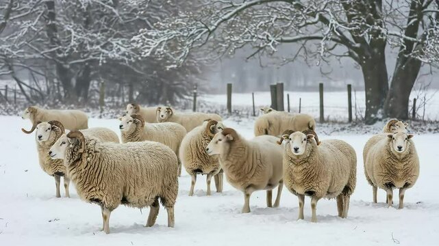 Flock of sheep in a snow covered field in winter, UK
