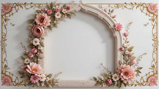 Inflexed Arch rectangular frame architectural window door ornate flower frame floral leaf borders natural blossom decoration wedding card anniversary celebration beautiful arabesque motif pattern