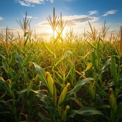 Obraz premium Golden Sunrise Over Cornfield with Lush Green Stalks and Sky