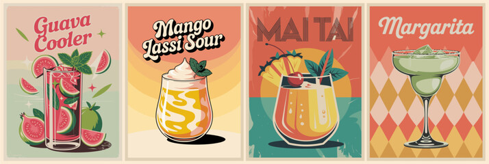 Set of summer exotic cocktail posters in retro mid-century modern style. Features Guava Cooler, Mango Lassi Sour, Margarita, and Mai Tai. Colorful vintage drink illustrations