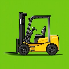 A yellow forklift with black accents and a driver's seat is depicted against a bright green background in a digital pixel art style, rendered as a